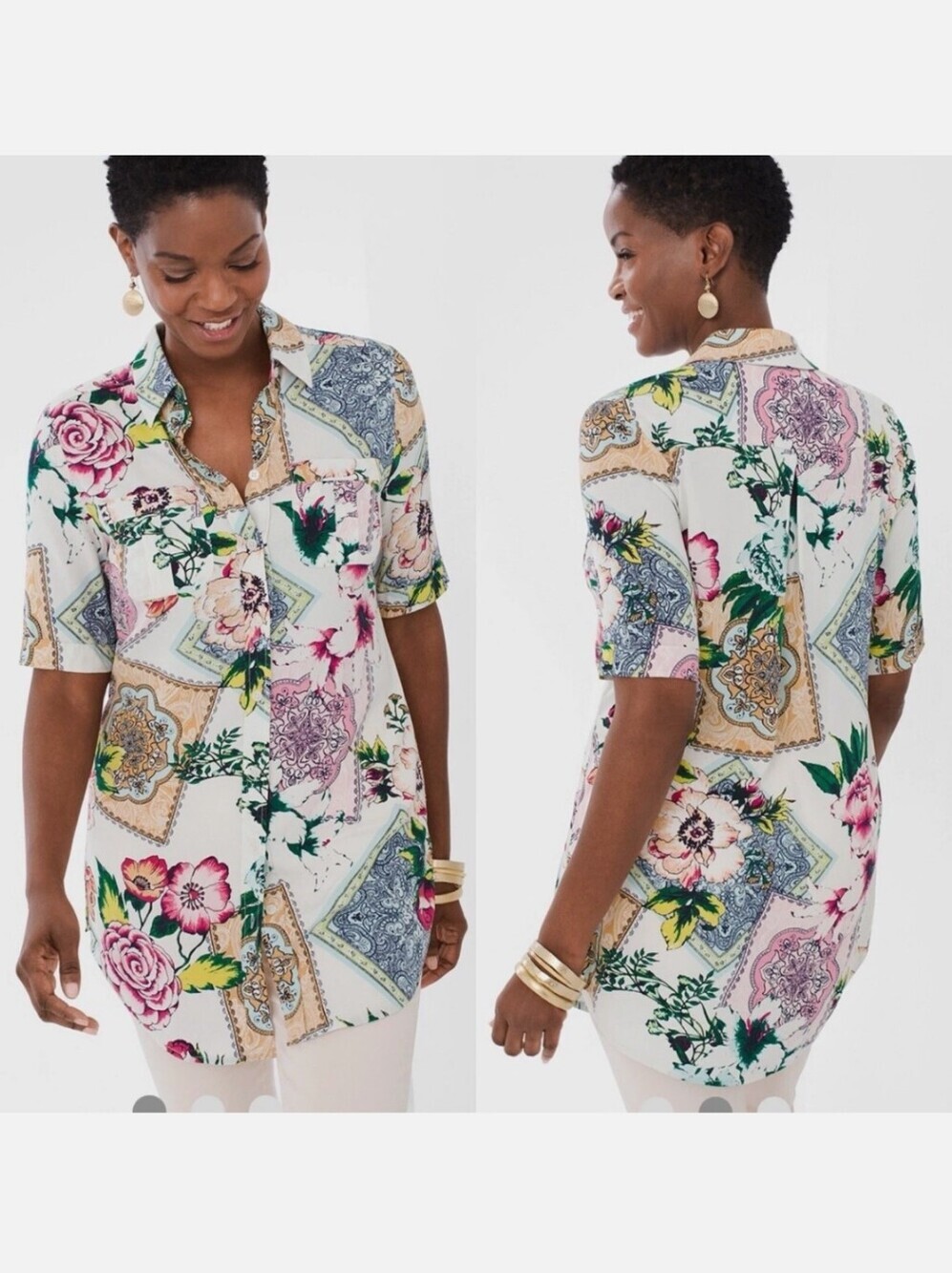 Chico's Silky Soft Floral Tiles Long Button-Front Tunic Top